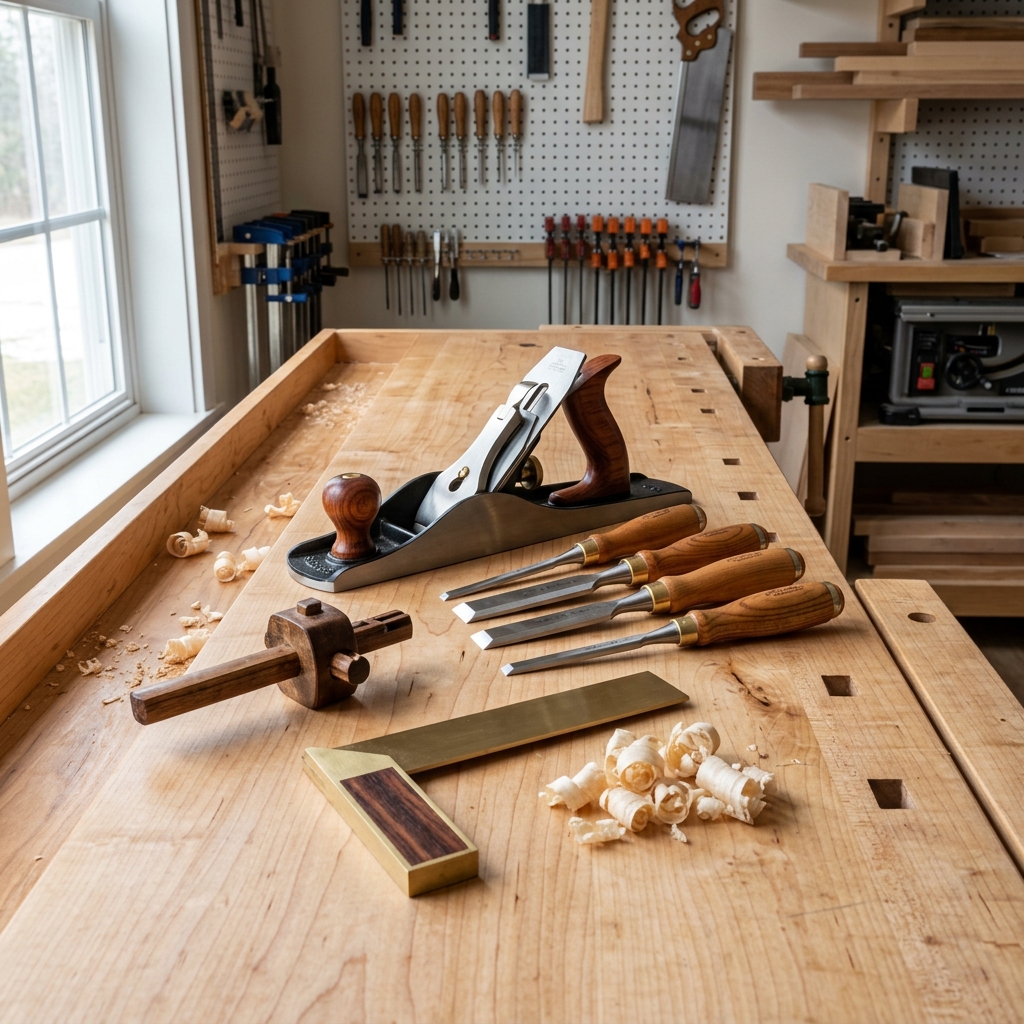 Woodworking workshop with a finished oak table and hand tools